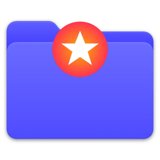 An indigo Mac folder with a star logo sitting on top of the folder, overlapping its top edge.