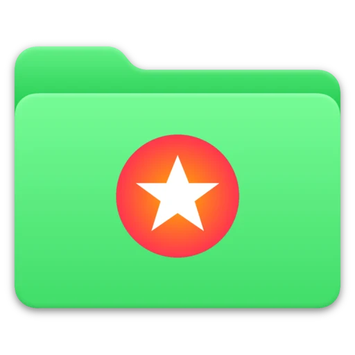 A green Mac folder with a colorful logo on the front: a white star on an orange and pink circle.