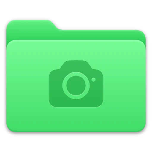 A green Mac folder with a camera symbol pressed into the front in a darker green.