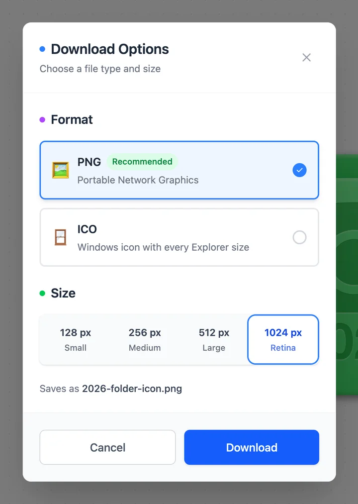 The Download Options dialog with PNG marked Recommended and selected, and 1024 px Retina chosen as the size. The file will save as 2026-folder-icon.png.