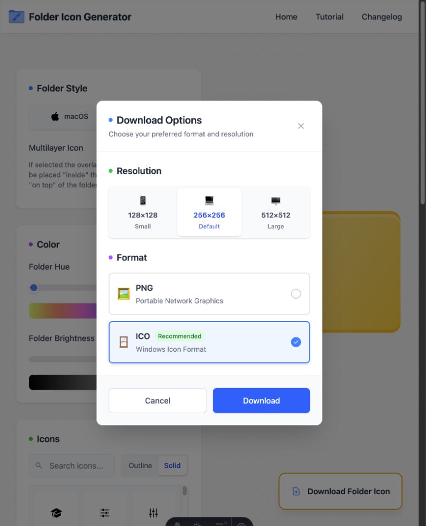 Windows ICO export selected in FolderIcon.App