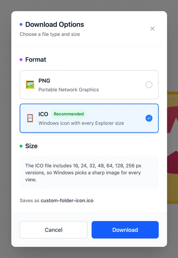 The Download Options dialog with ICO marked Recommended and selected. A note explains that the ICO file includes 16, 24, 32, 48, 64, 128, and 256 pixel versions.