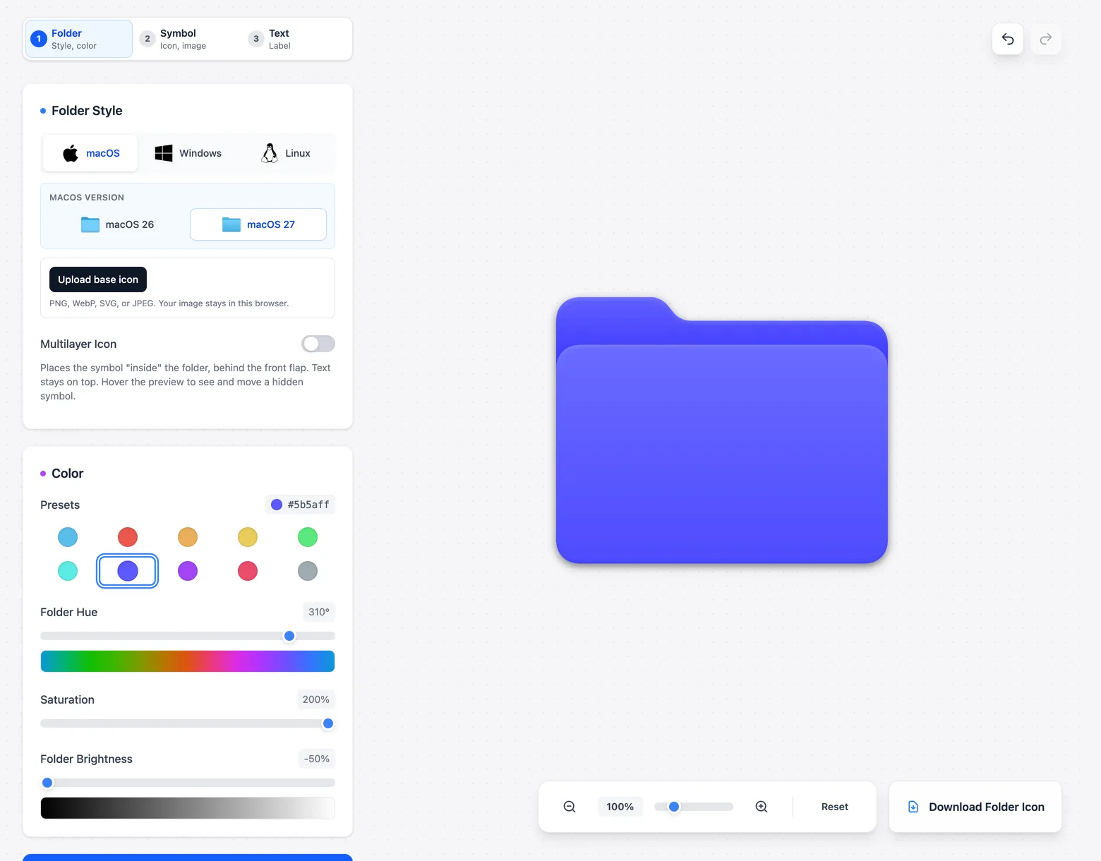 The Color card with the indigo preset selected, showing hex code #5b5aff, plus hue, saturation, and brightness sliders. The Mac folder in the preview is now indigo.