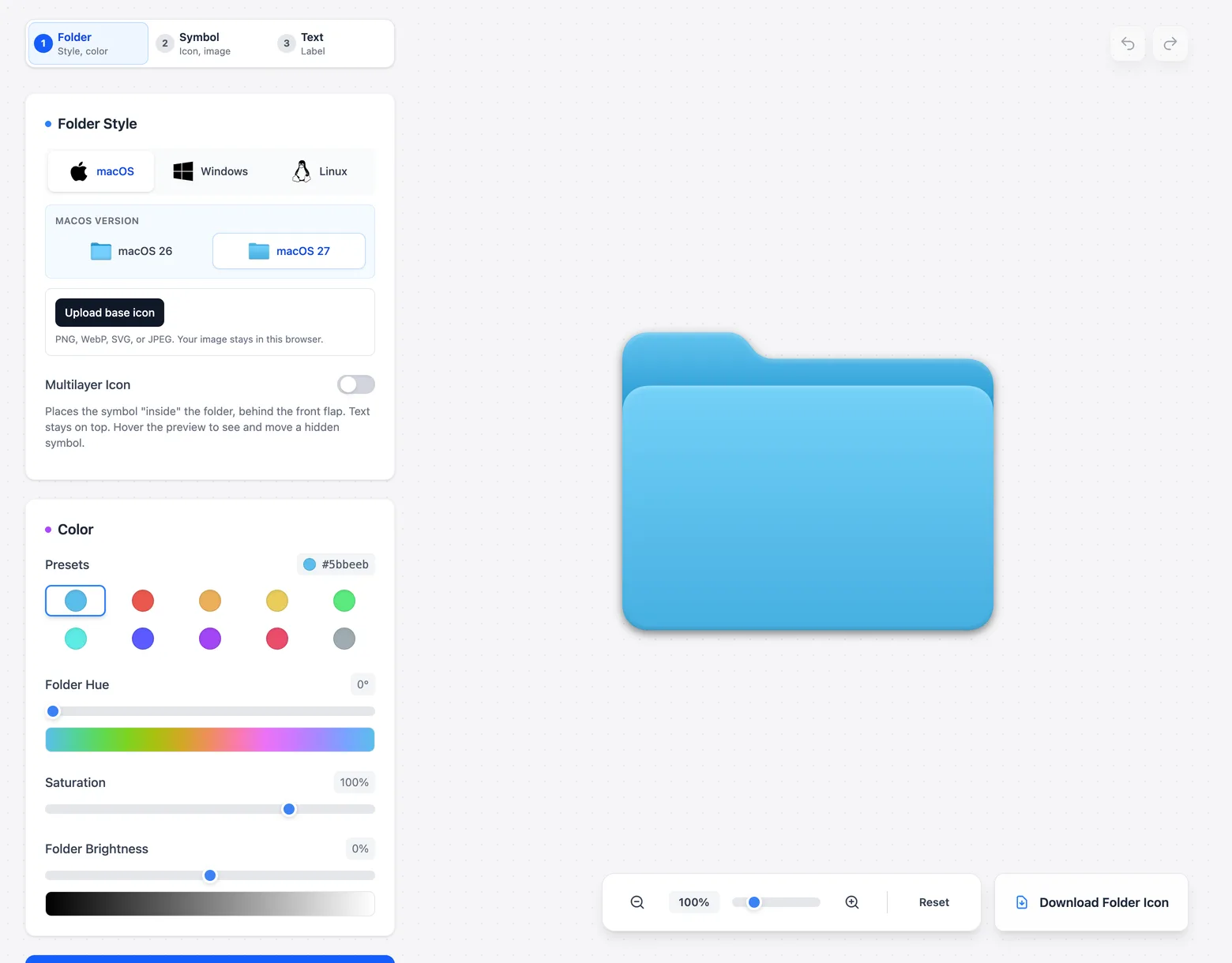 FolderIcon.App on the Folder step. macOS is selected under Folder Style, with macOS 27 picked as the version. The preview on the right shows a plain light blue Mac folder.