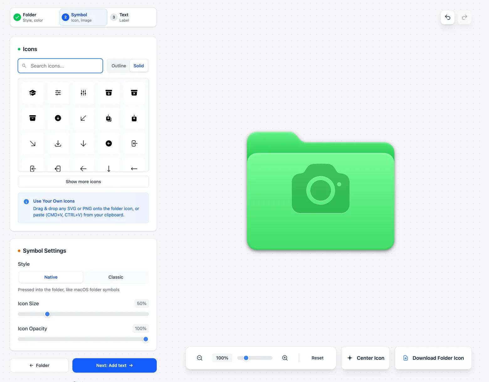 The Symbol step with a camera icon selected in the icon grid. Symbol Settings shows the Native style at 50% size. The preview shows a green Mac folder with a camera pressed into the front.
